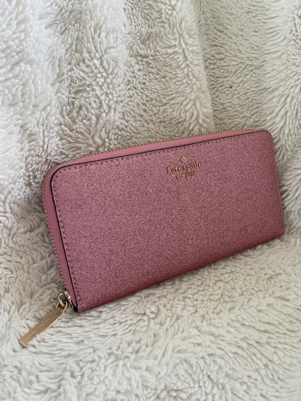 kate spade rose pink glitter zip-around wallet